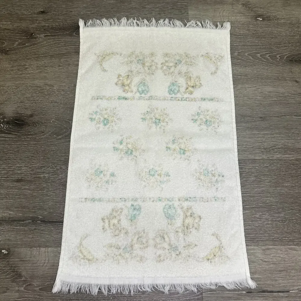 VTG Boho Yellow Blue White Floral Hand Towel 25” x 14.5” Leshner Fringe